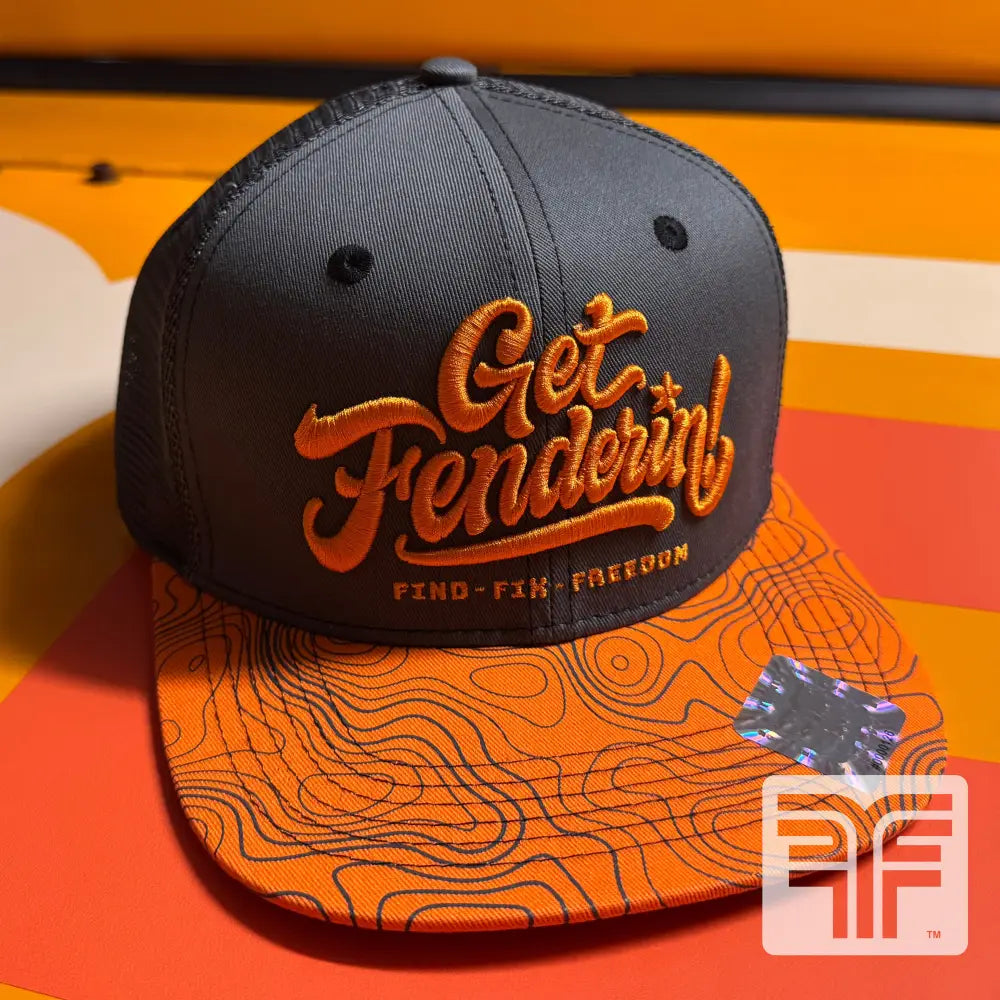 FLATFENDER ’GET FENDERIN’’ SCRIPT ORANGE HAT M-L - M/L - CLOTHING